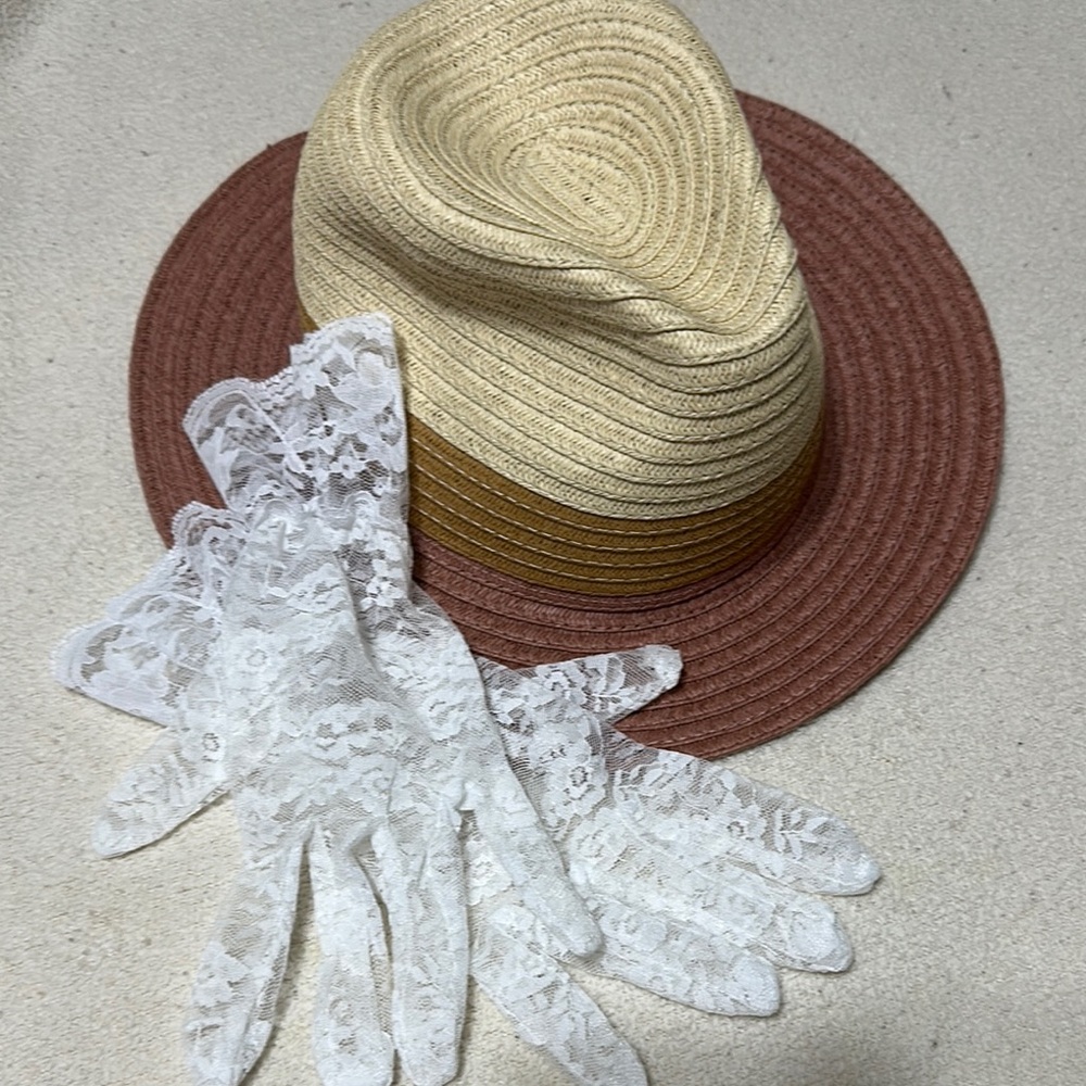 Vintage style Tan and Brown Hat with White Lace Gloves